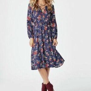 JustFab Midi Floral Lace-Up Dress Navy Dark Cottage Long Sleeve Dark Romantic-M